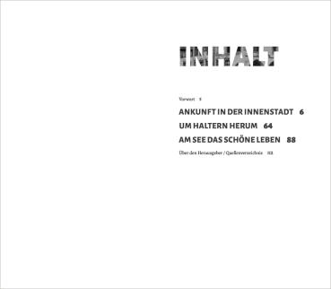 Preview: Buchseite aus dem Bildband mit dem Inhaltsverzeichnis. Über dem Text steht groß das Wort „INHALT“, das aus Buchstabenausschnitten historischer Fotos zusammengesetzt ist. Darunter sind Kapitelübersichten gelistet, darunter „ANKUNFT IN DER INNENSTADT“, „UM