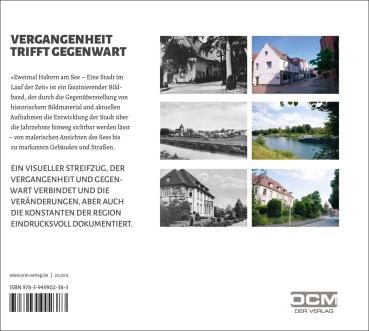 Preview: Das Backcover zeigt den Titel „Vergangenheit trifft Gegenwart“ und beschreibt ein Buch mit dem Titel „Zweimal Haltern am See – Eine Stadt im Lauf der Zeit“. Es handelt sich um einen Bildband, der historische und aktuelle Fotos von Haltern am See gegenüber