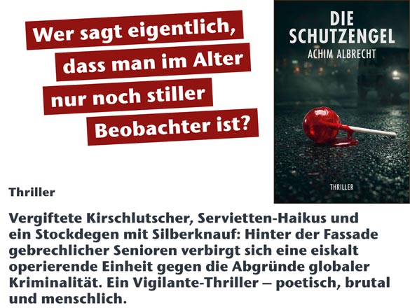 Wer sagt eigentlich, dass man im Alter nur noch stiller Beobachter ist? Vergiftete Kirschlutscher, Servietten-Haikus und ein Stockdegen mit Silberknauf: Hinter der Fassade gebrechlicher Senioren verbirgt sich eine eiskalt operierende Einheit gegen die Abgründe globaler Kriminalität. Ein Vigilante-Thriller – poetisch, brutal und menschlich.