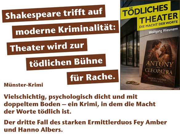 Wenn jeShakespeare trifft auf moderne Kriminalität: Theater wird zur tödlichen Bühne für Rache. Münster-Krimi. Vielschichtig, psychologisch dicht und mit doppeltem Boden – ein Krimi, in dem die Macht der Worte ­tödlich ist. Der dritte Fall des starken Ermittlerduos Fey Amber und Hanno Albers.